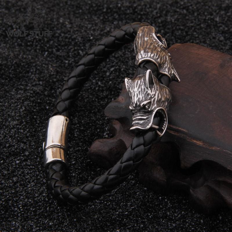 Mens Leather Wolf Bracelet