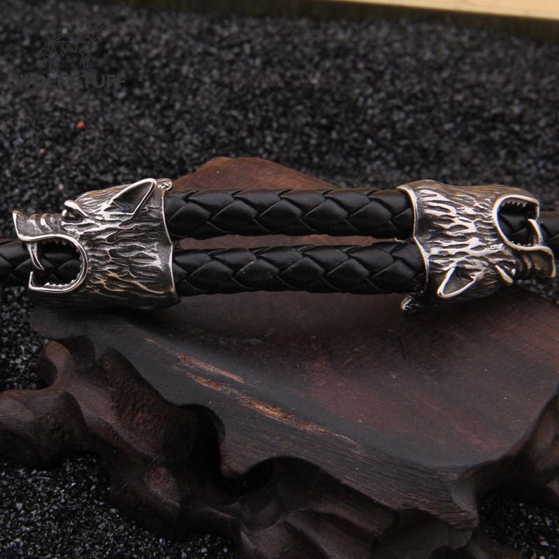 Mens Leather Wolf Bracelet