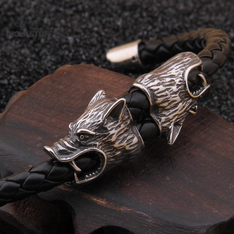 Mens Leather Wolf Bracelet