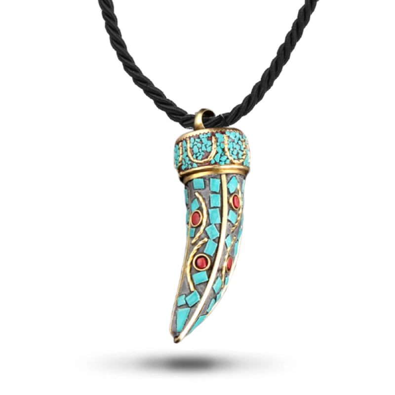 Titanium Steel Turquoise Red Coral Tribal Wolf Tooth Pendant Necklace store