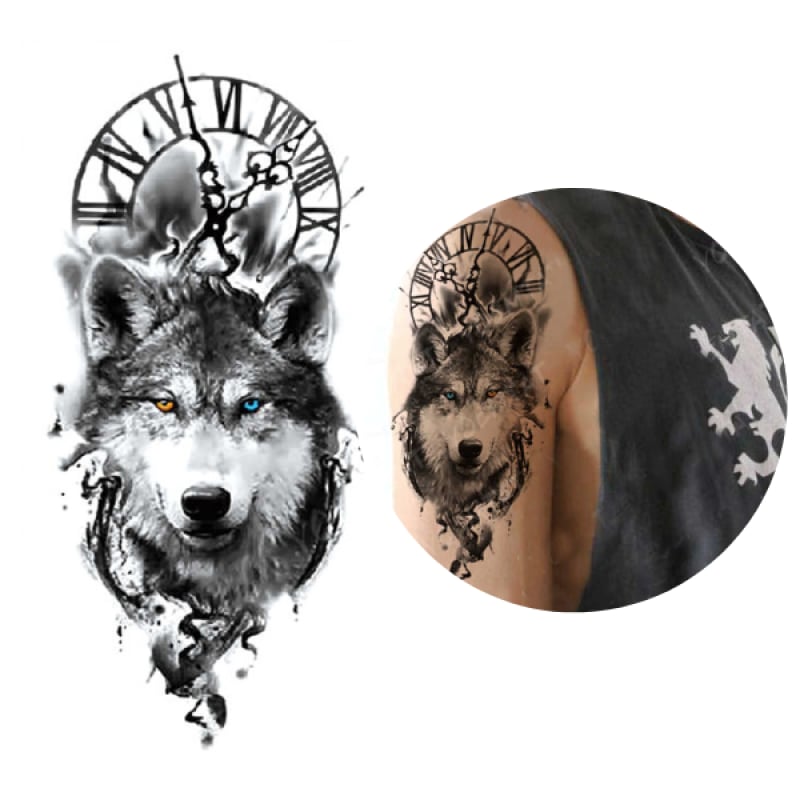 Wolf and clock tattoo