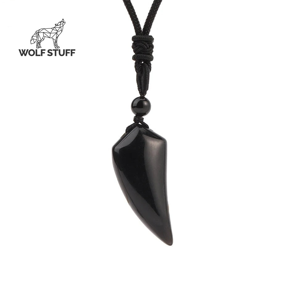 Black Onyx Tooth Pendant Necklace – Wolf/Shark Tooth Style, Black Rope Chain, Unisex