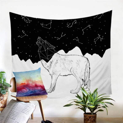 Black and white wolf tapestry
