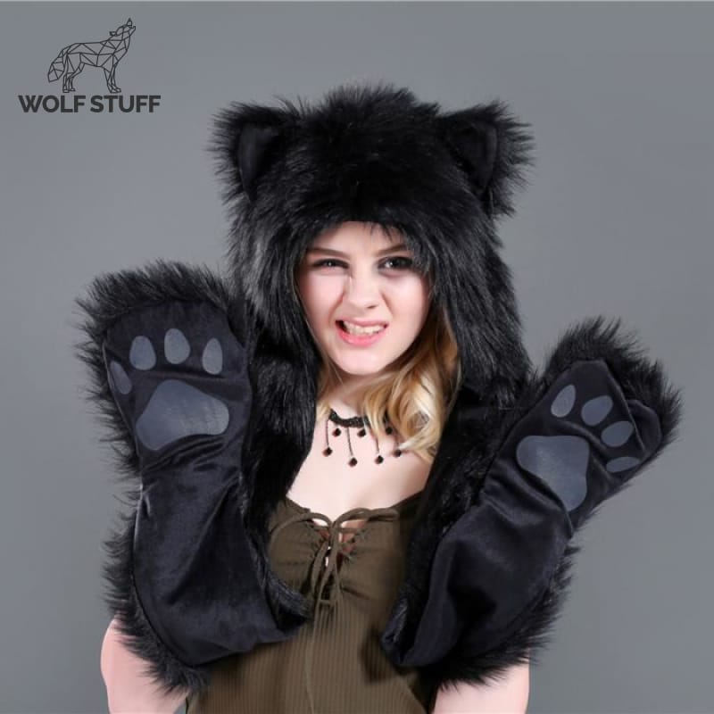 Black fur wolf hat