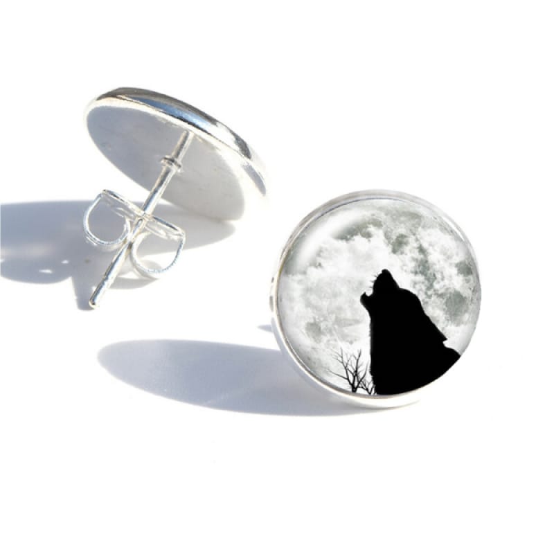 Silver Moon Wolf Earrings