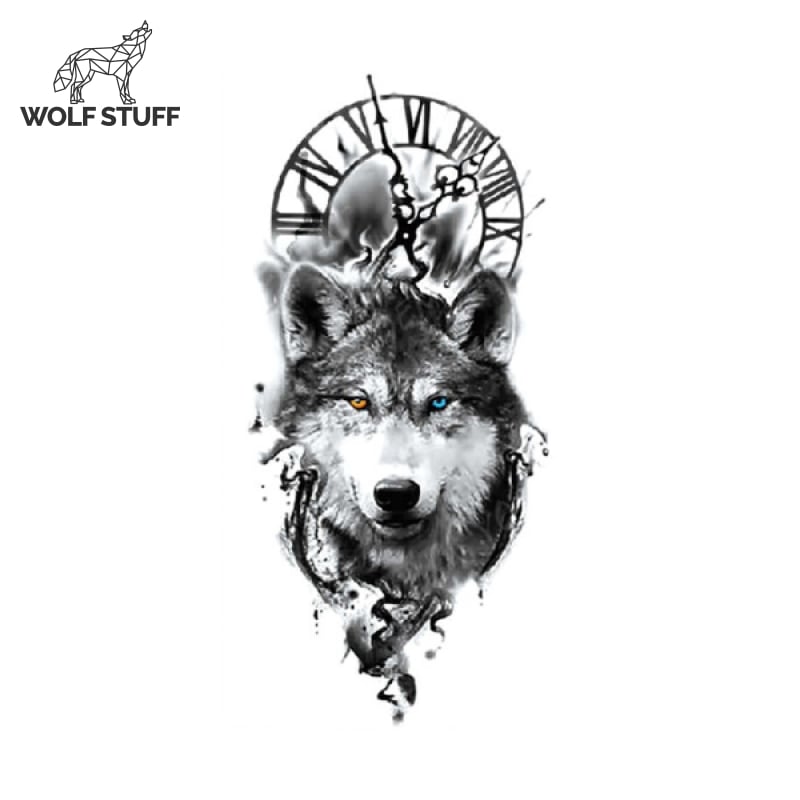Wolf and clock tattoo
